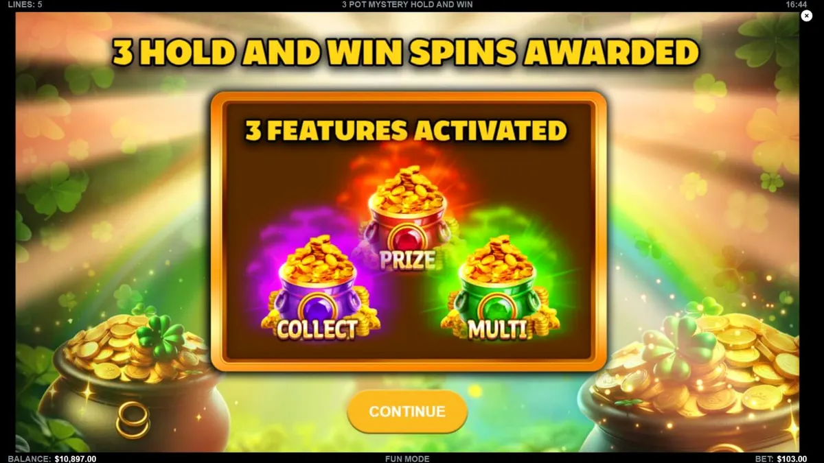 3 Pot Mystery Hold and Win slot game interface with golden pots and treasure theme