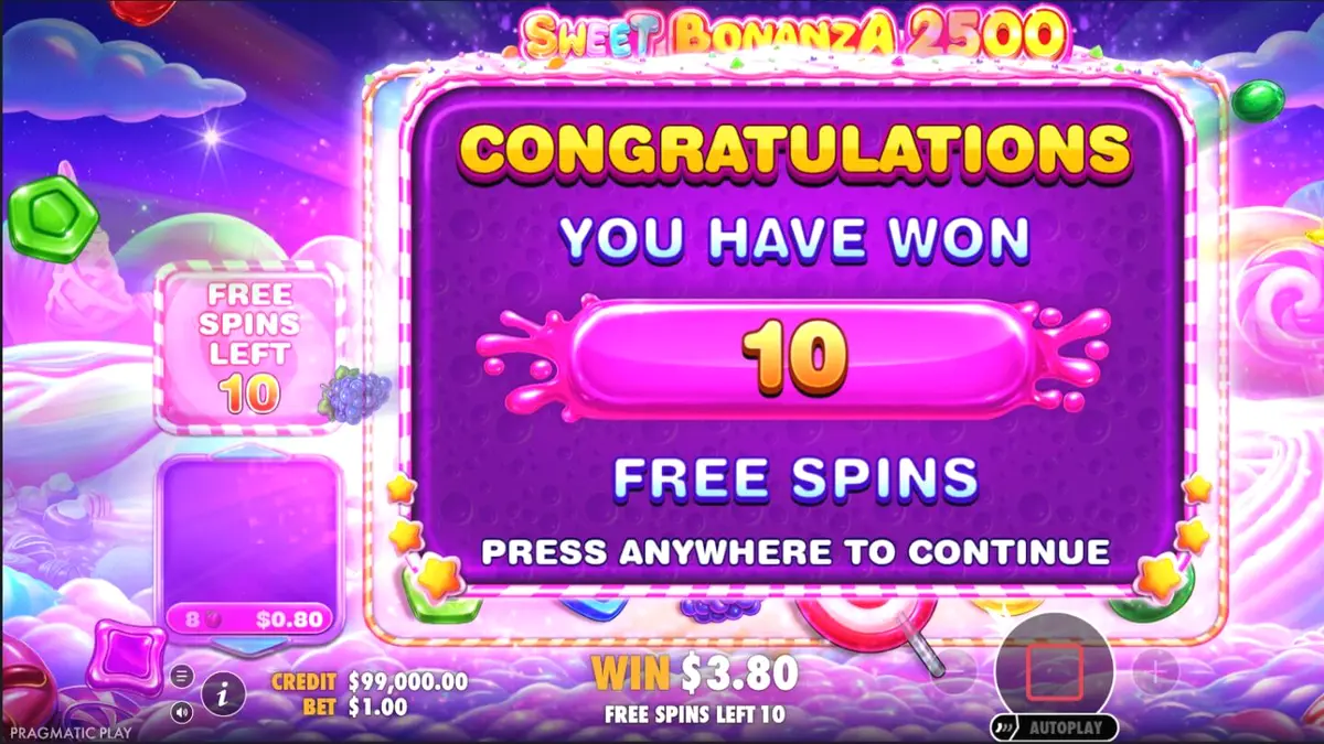 Tampilan visual penuh warna dari slot Sweet Bonanza 2500 dengan simbol permen dan buah-buahan.
